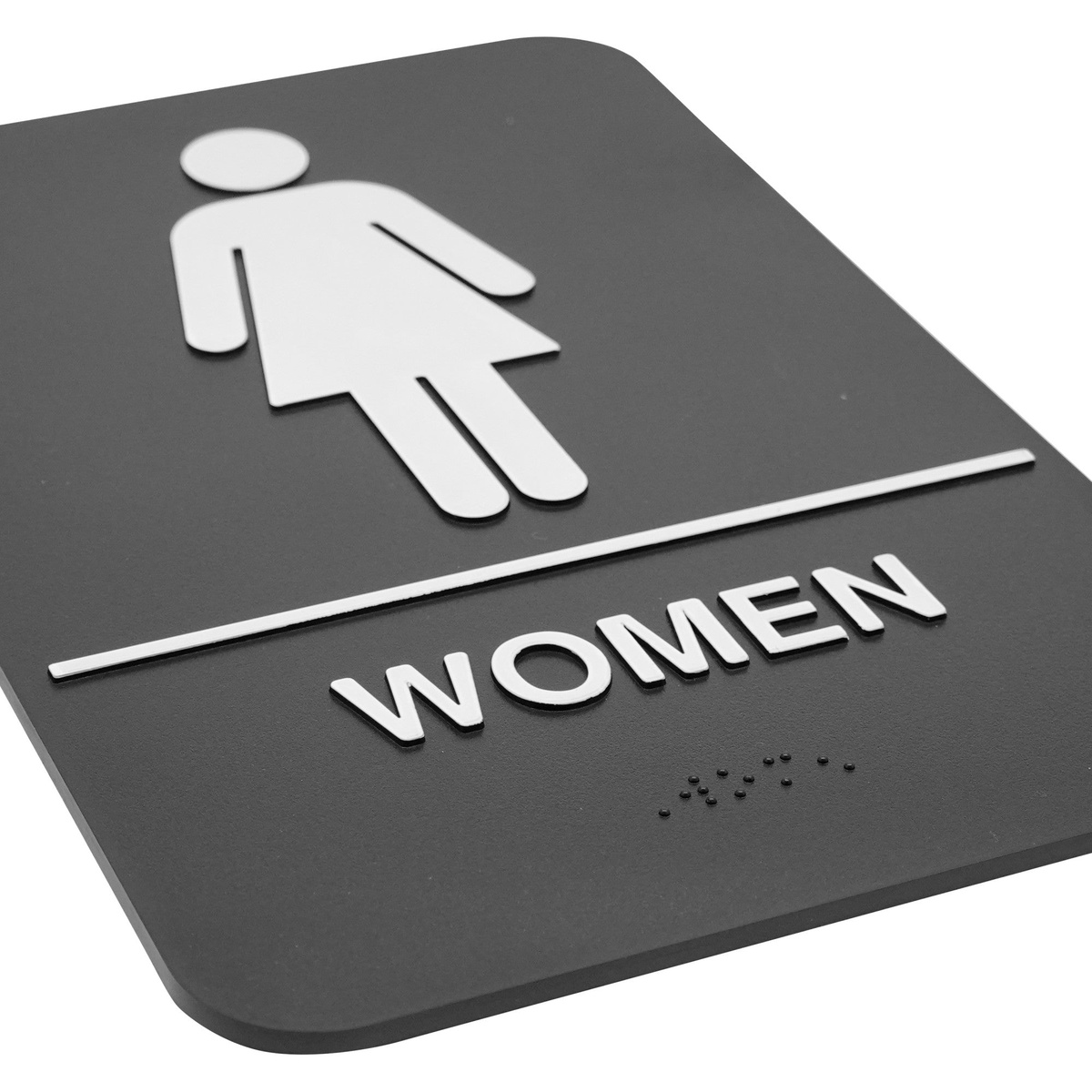 Angled view of Winco SGNB-606 Women restroom sign showing raised white lettering and embossed Braille dots at bottom