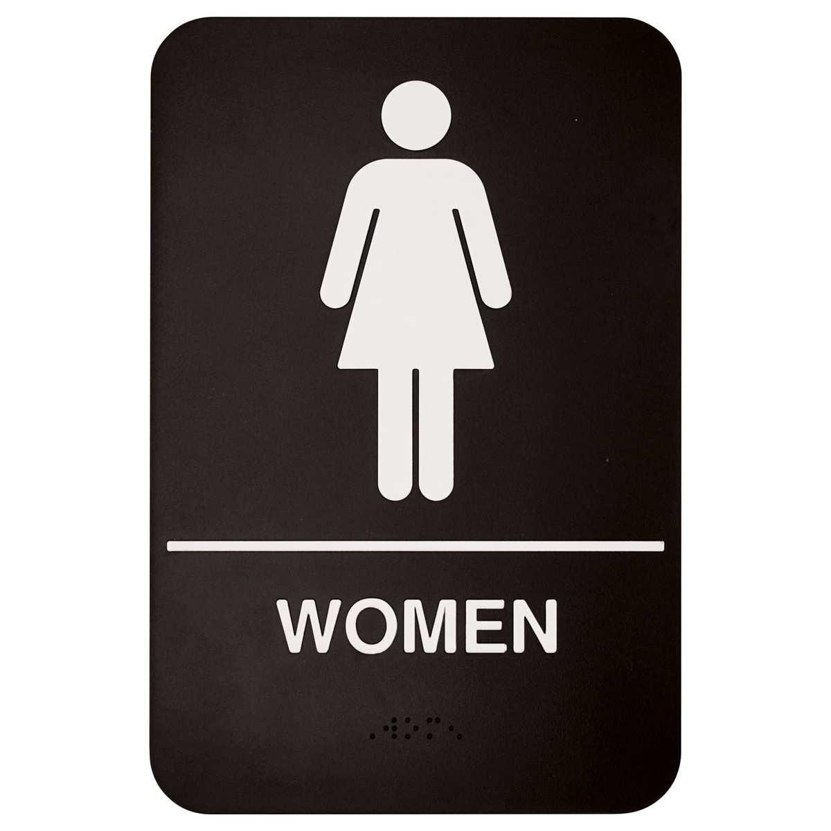 Winco SGNB-606 black Women restroom sign with white universal symbol and bold WOMEN text