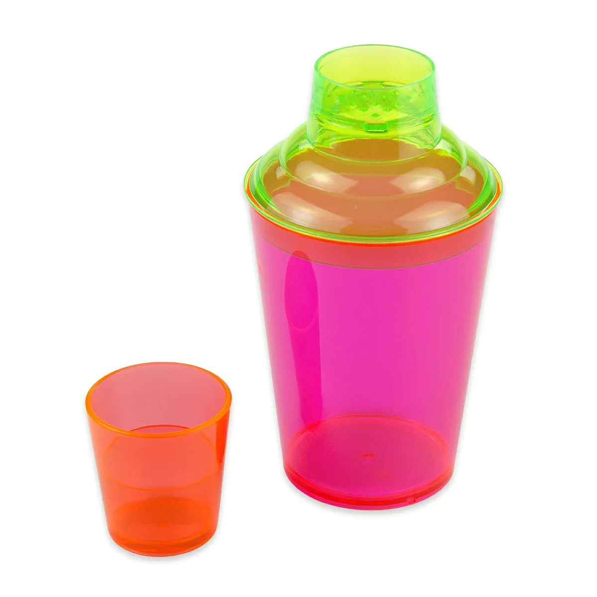 GET Enterprises SH-175-NEON neon cocktail shaker assembled with screw top cap and small cup alongside