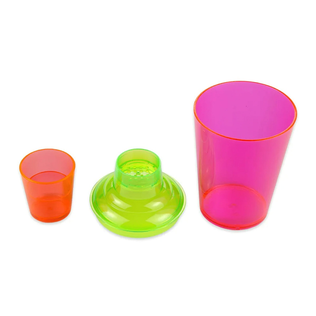 GET Enterprises SH-175-NEON neon cocktail shaker set showing all three pieces disassembled: shaker body, strainer lid, and small cup