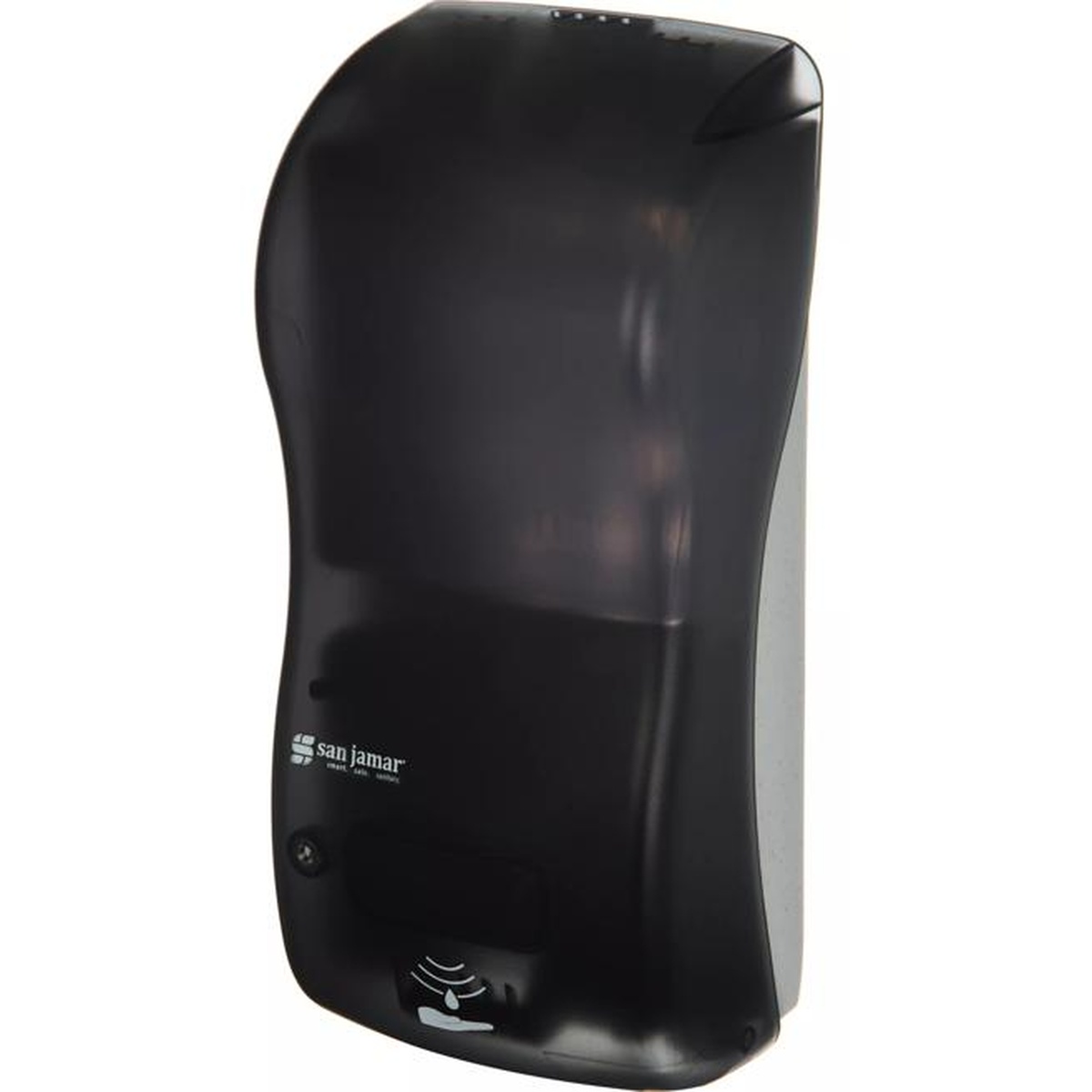 San Jamar Rely Hybrid 900 mL Black Pearl soap dispenser, angled side view showing semi-transparent black shell and touchless sensor