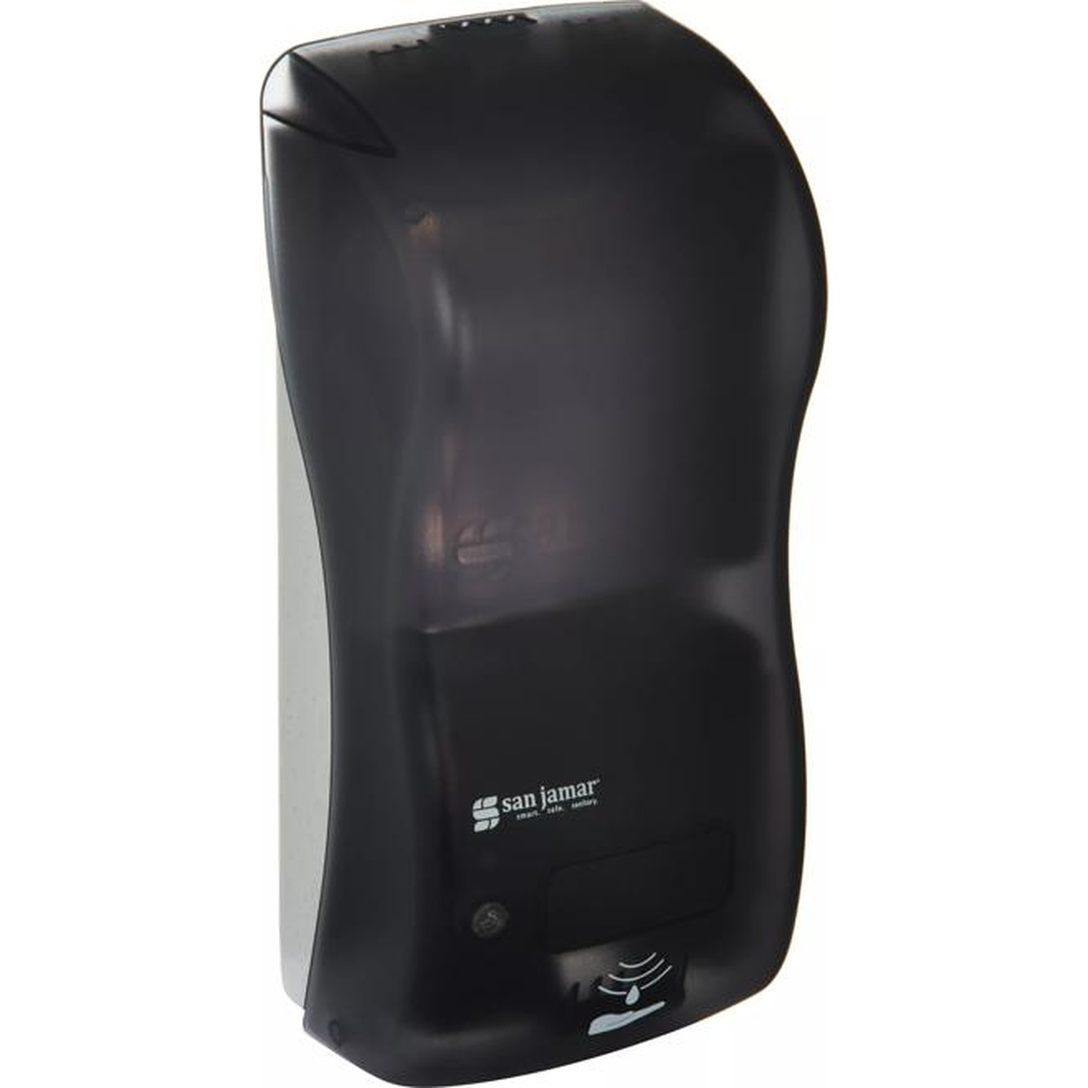 San Jamar Rely Hybrid 900 mL Black Pearl dispenser, three-quarter front view showing curved black body profile and sensor icon