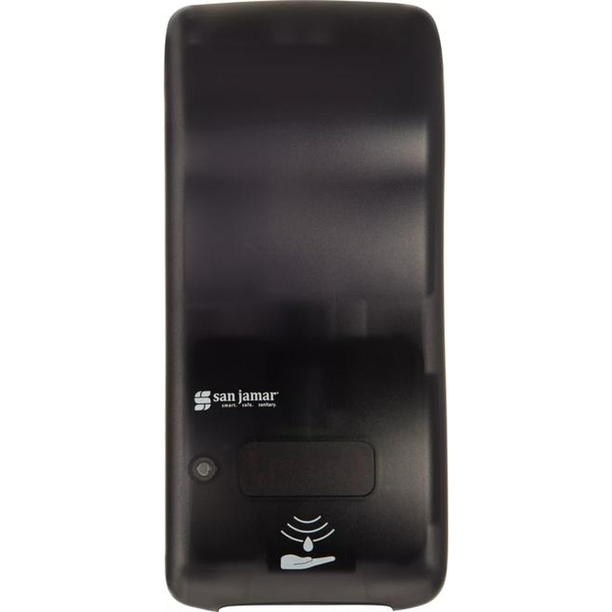 San Jamar Rely Hybrid soap dispenser, straight-on front view displaying sensor window and push-button panel in black pearl finish