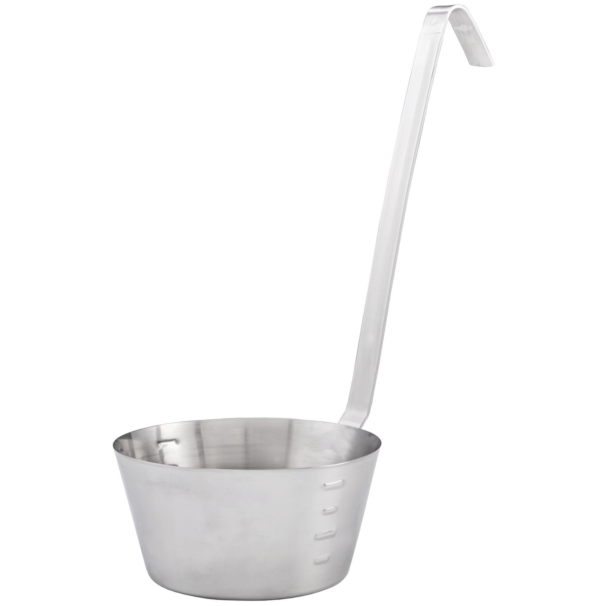 Winco SHHD-1 stainless steel 1-quart hooked handle dipper with graduation marks on the bowl