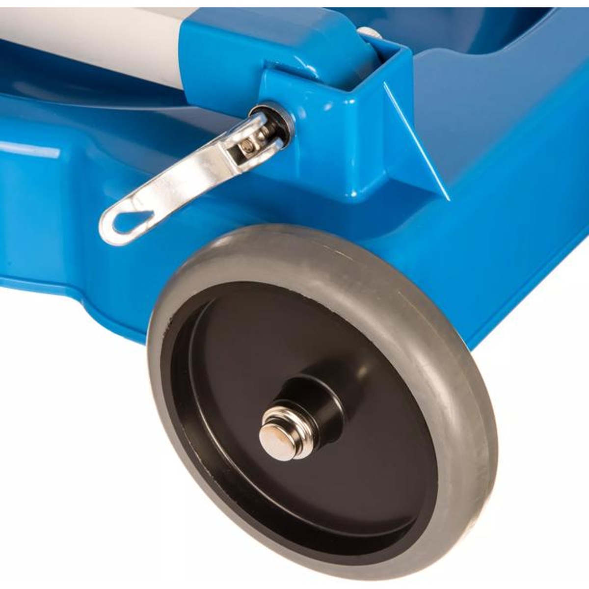 Close-up of the non-marking rubber wheel and locking mechanism on the blue Saf-T-Ice cart