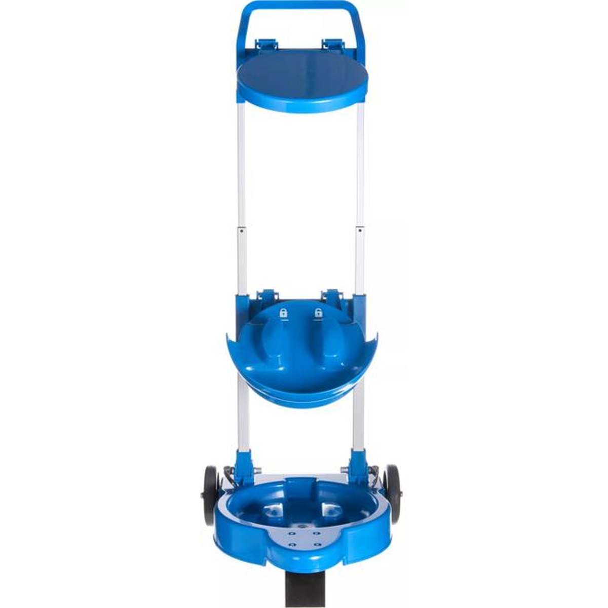 Empty blue Saf-T-Ice cart front view showing tote support trays and locking mechanism