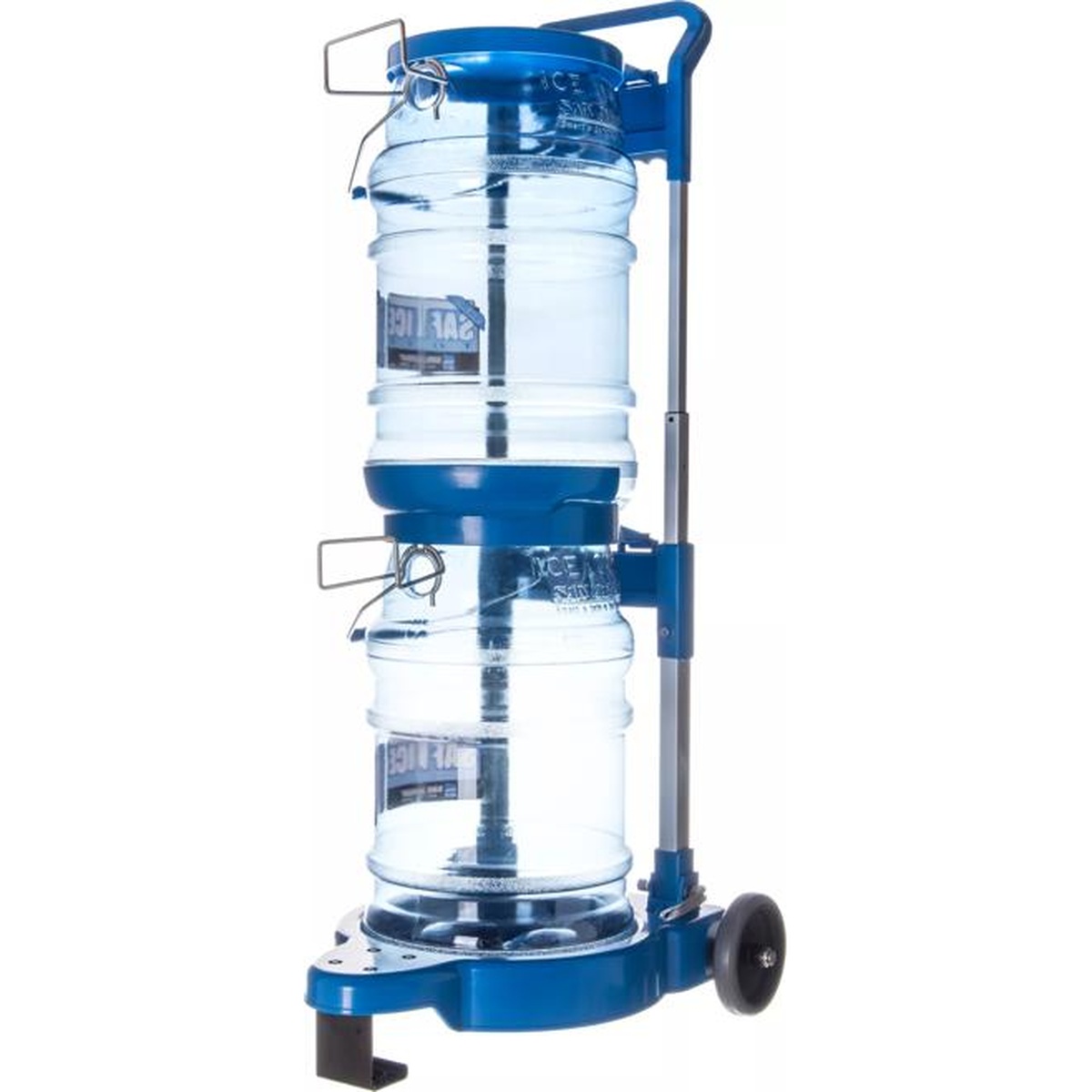 Blue Saf-T-Ice cart loaded with two clear 6-gallon ice totes stacked vertically