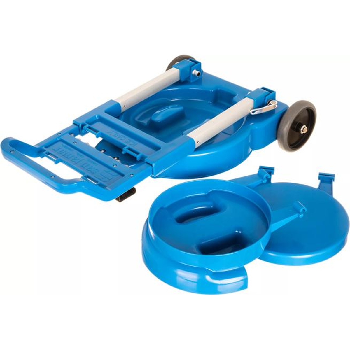 Blue Saf-T-Ice cart folded flat for storage with lid supports removed and placed beside it
