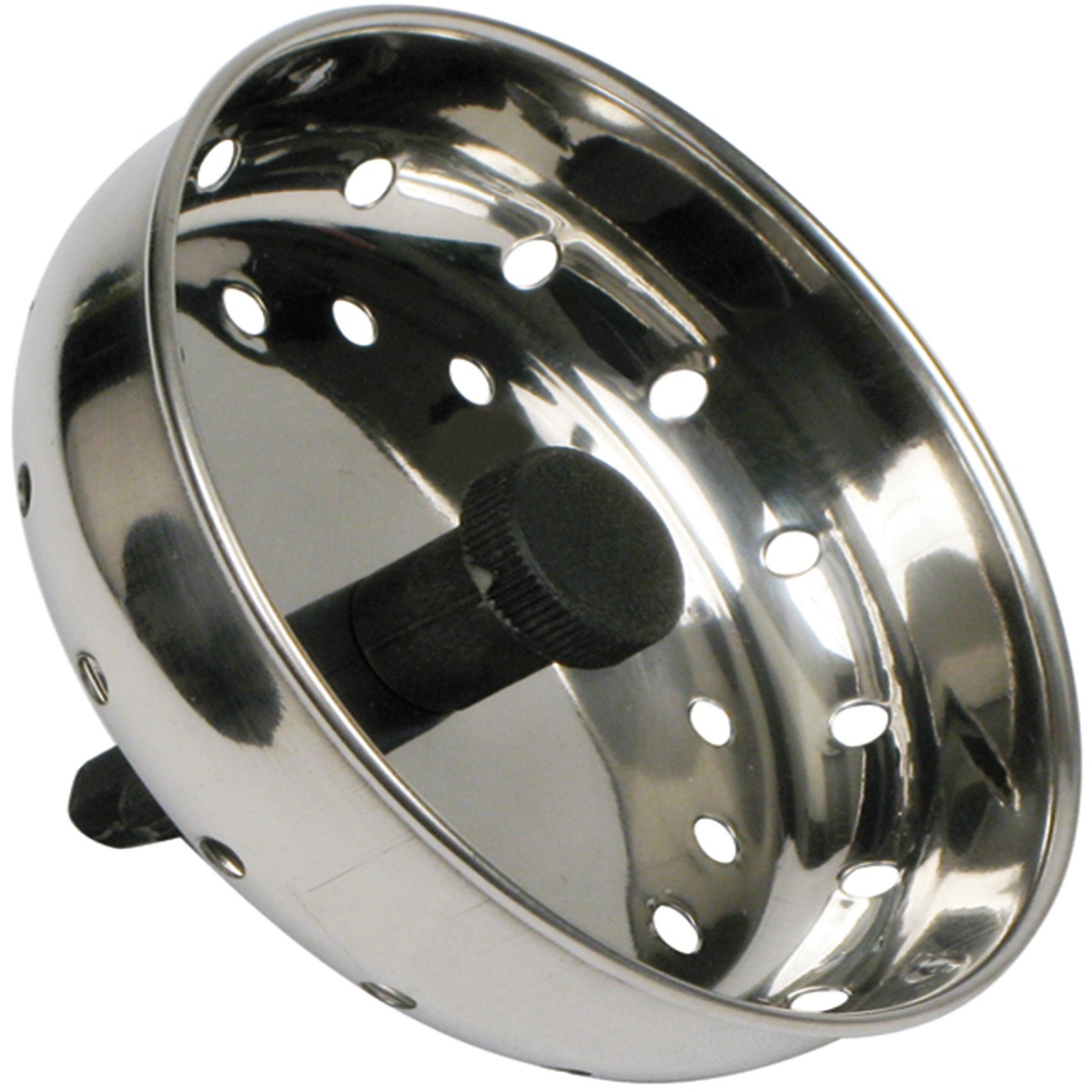 Winco SIK-3 3-inch stainless steel sink strainer showing perforated basket and black rubber stopper knob
