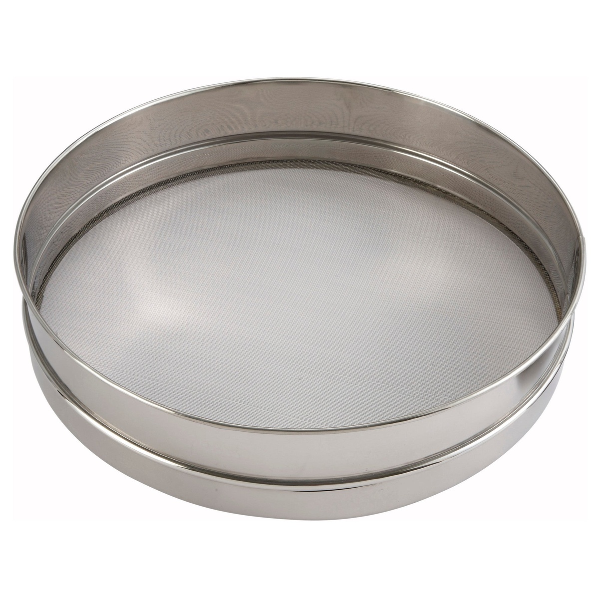 Winco SIV-14 14-inch stainless steel mesh sieve with polished frame on white background