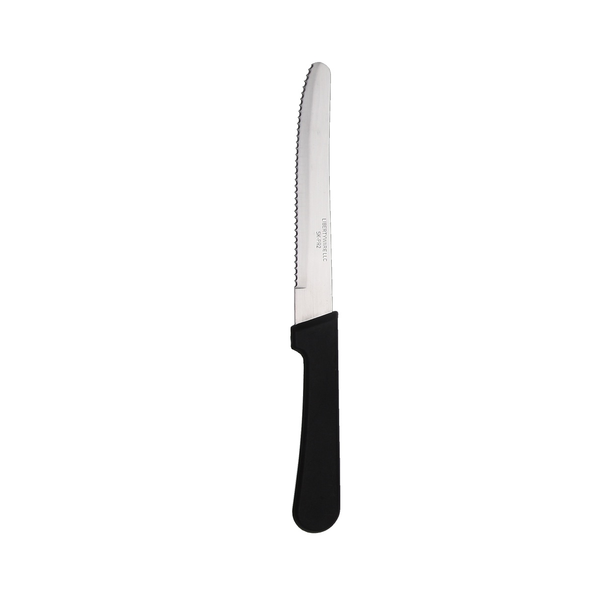 Libertyware SK-PR2 steak knife with black plastic handle and stainless steel serrated blade