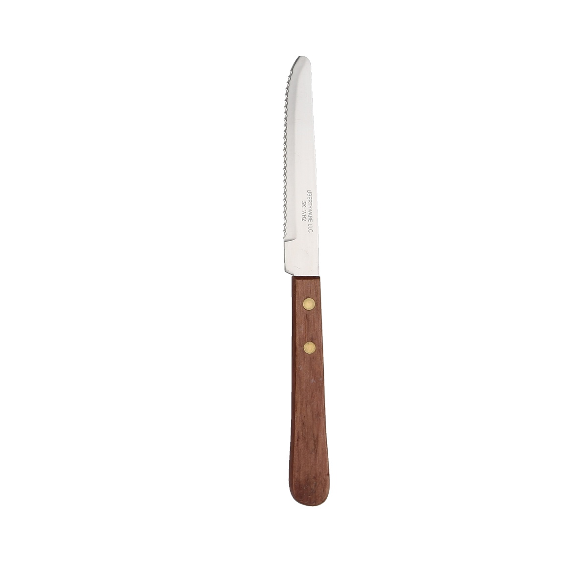 Libertyware SK-WR2 steak knife with stainless steel hollow ground blade and rounded wood handle with brass rivets