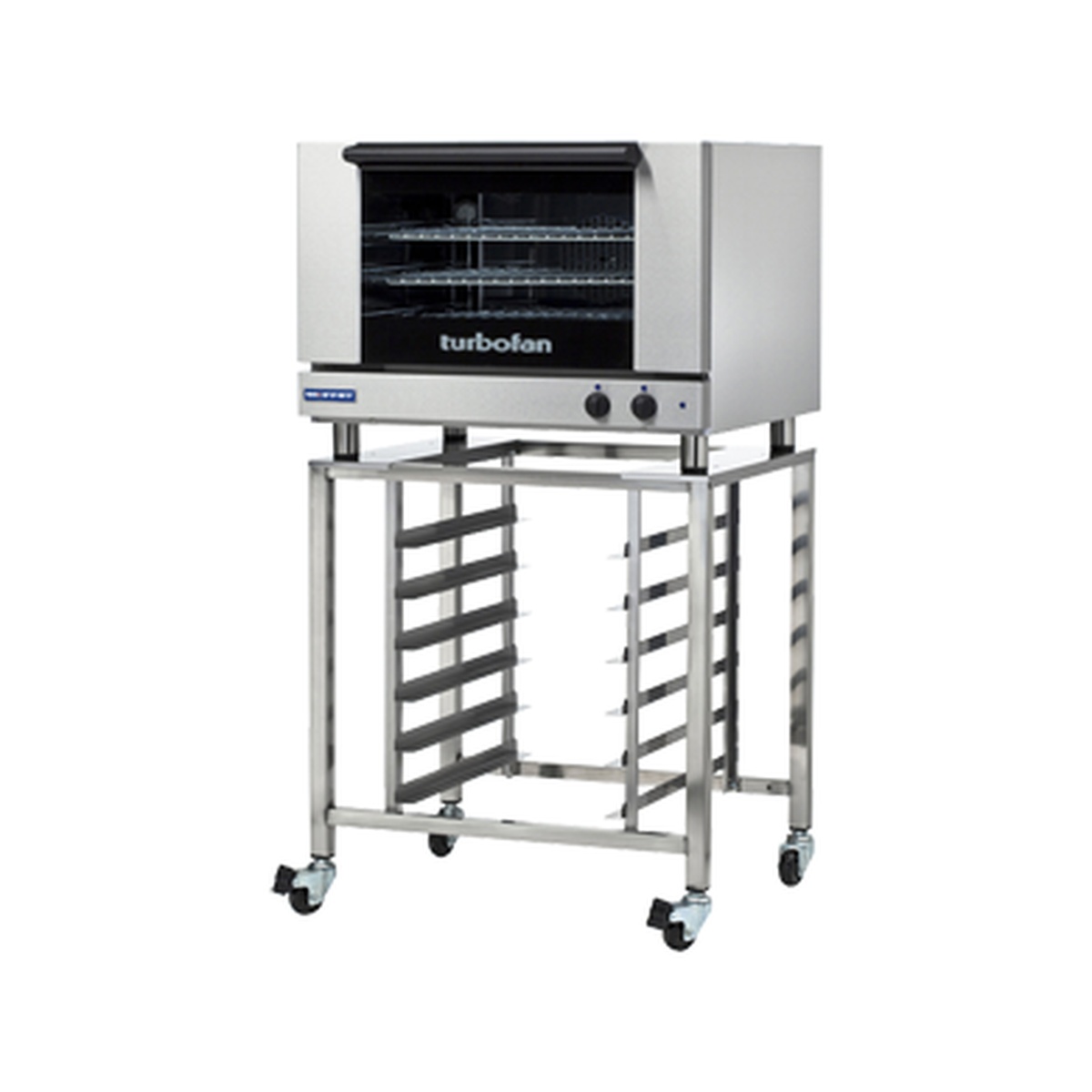 Moffat SK2731U stainless steel equipment stand with convection oven mounted on top and six-pan open base storage