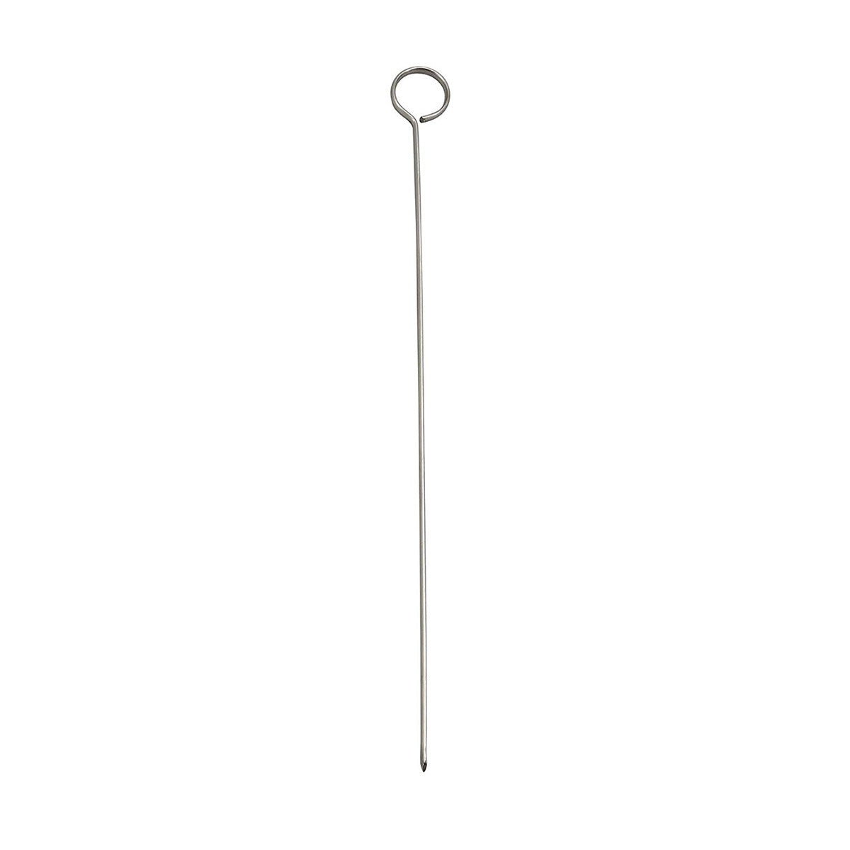 Single Winco SKO-12 stainless steel oval skewer showing ring handle and sharp needle tip
