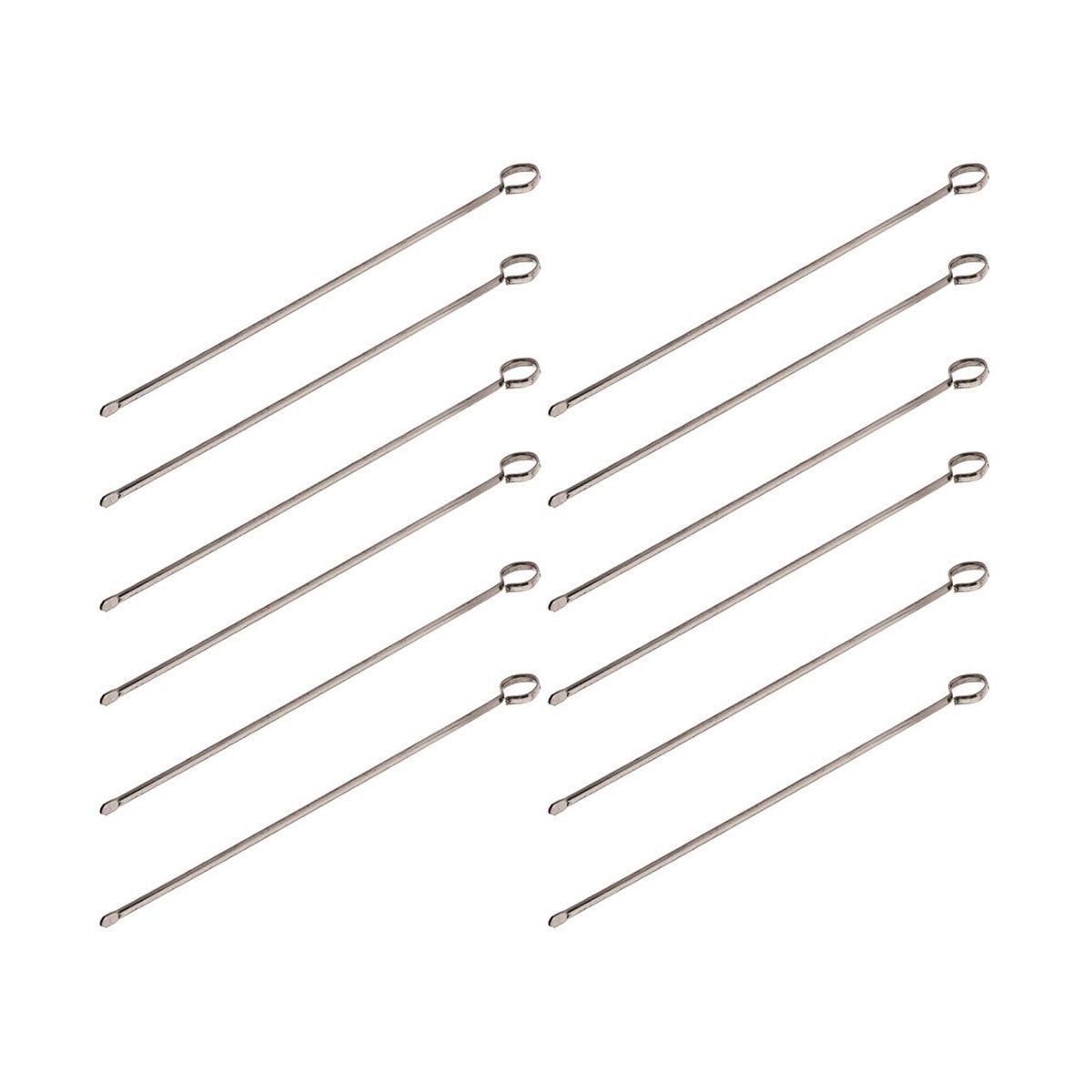 Set of 12 Winco SKO-12 stainless steel oval skewers laid out on white background