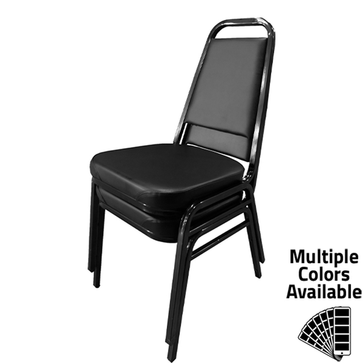 Oak Street SL2082-BLK black vinyl stacking chairs shown stacked two high with black steel frame