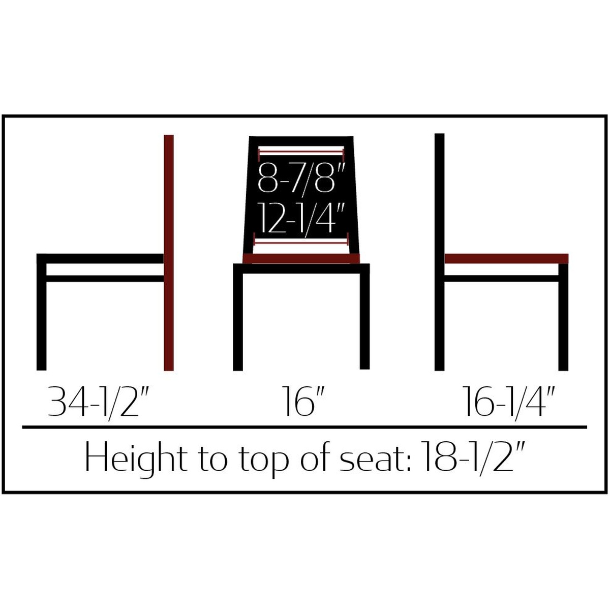 SL2082 Standard Stack Chair dimension diagram showing 34-1/2 inch height, 16 inch width, 16-1/4 inch depth, and 18-1/2 inch seat height