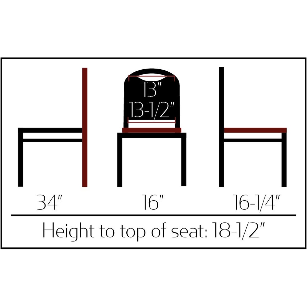 SL2089 Banquet Stack Chair dimension diagram showing 34 inch height, 16 inch seat width, 16.25 inch seat depth, and 18.5 inch seat height