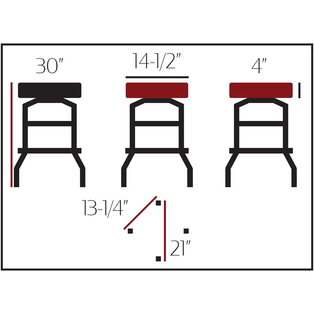 SL2129 barstool dimension diagram showing 30-inch height, 14.5-inch seat diameter, 4-inch seat depth, 13.25-inch and 21-inch base footprint