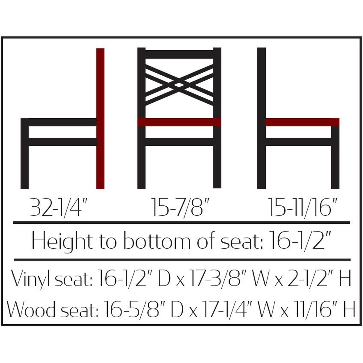 SL2130 Crossback Chair dimension diagram showing overall height of 32-1/4 inches, width of 15-7/8 inches, depth of 15-11/16 inches, and seat height of 16-1/2 inches