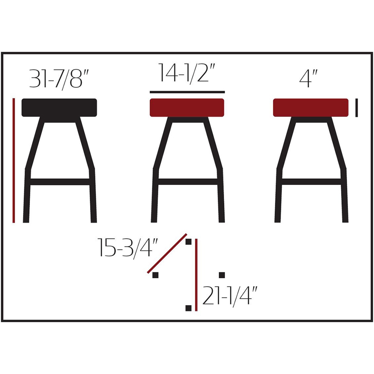 SL2132 barstool dimensions diagram showing 31-7/8 inch height, 14-1/2 inch seat width, 4 inch seat thickness, and base measurements