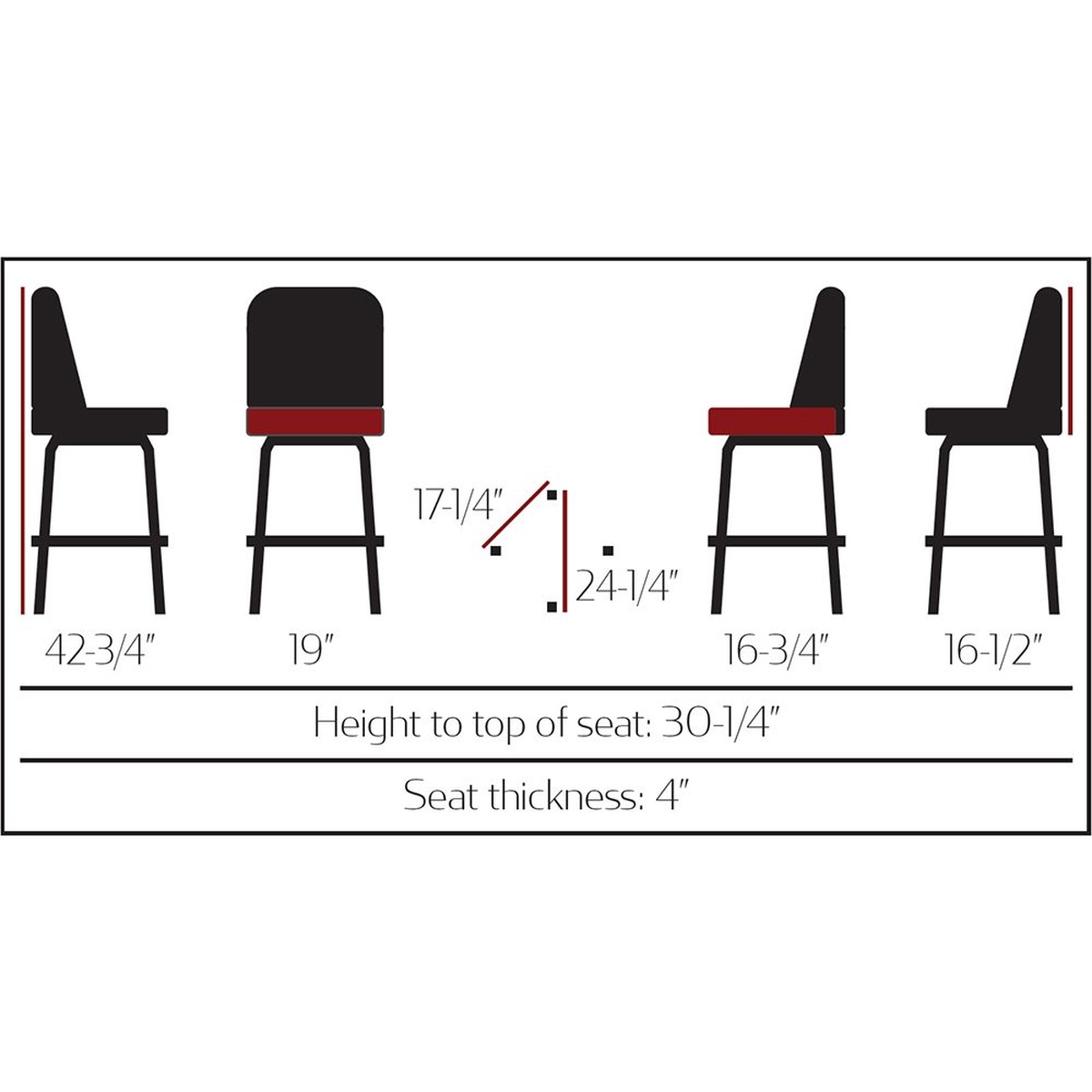 SL2133 barstool dimension diagram showing 42-3/4 inch total height, 19 inch width, 16-3/4 inch depth, 30-1/4 inch seat height, and 4 inch seat thickness