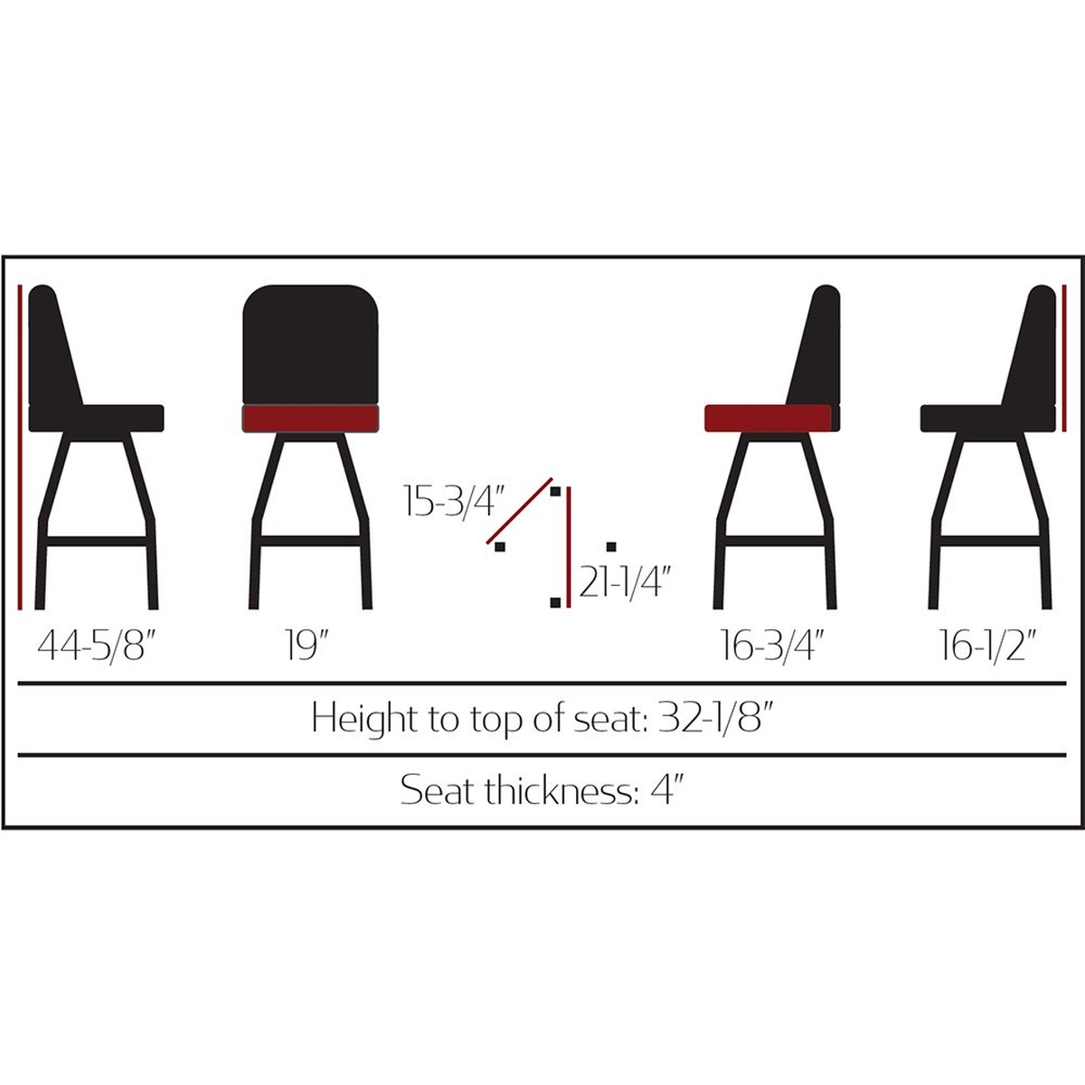 SL2136 barstool dimension diagram showing overall height 44-5/8 inches, seat width 19 inches, depth 16-3/4 inches, seat height 32-1/8 inches