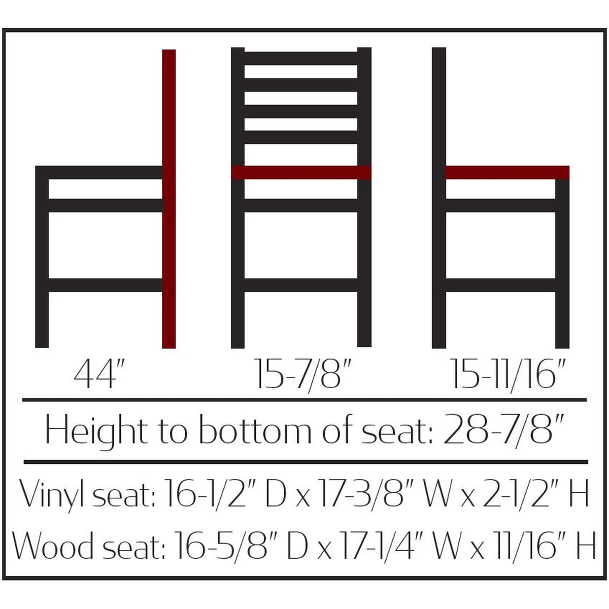 Dimensional diagram of the SL2301 ladderback barstool showing 44-inch height, seat width, depth, and seat height measurements