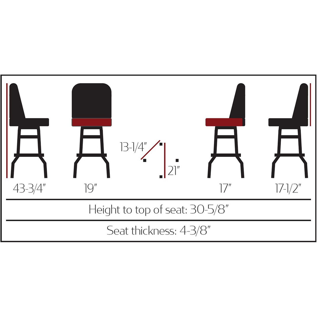 SL3134 barstool dimension diagram showing 43-3/4 inch overall height, 19 inch width, 17 and 17-1/2 inch depth views, 30-5/8 inch seat height, and 4-3/8 inch seat thickness