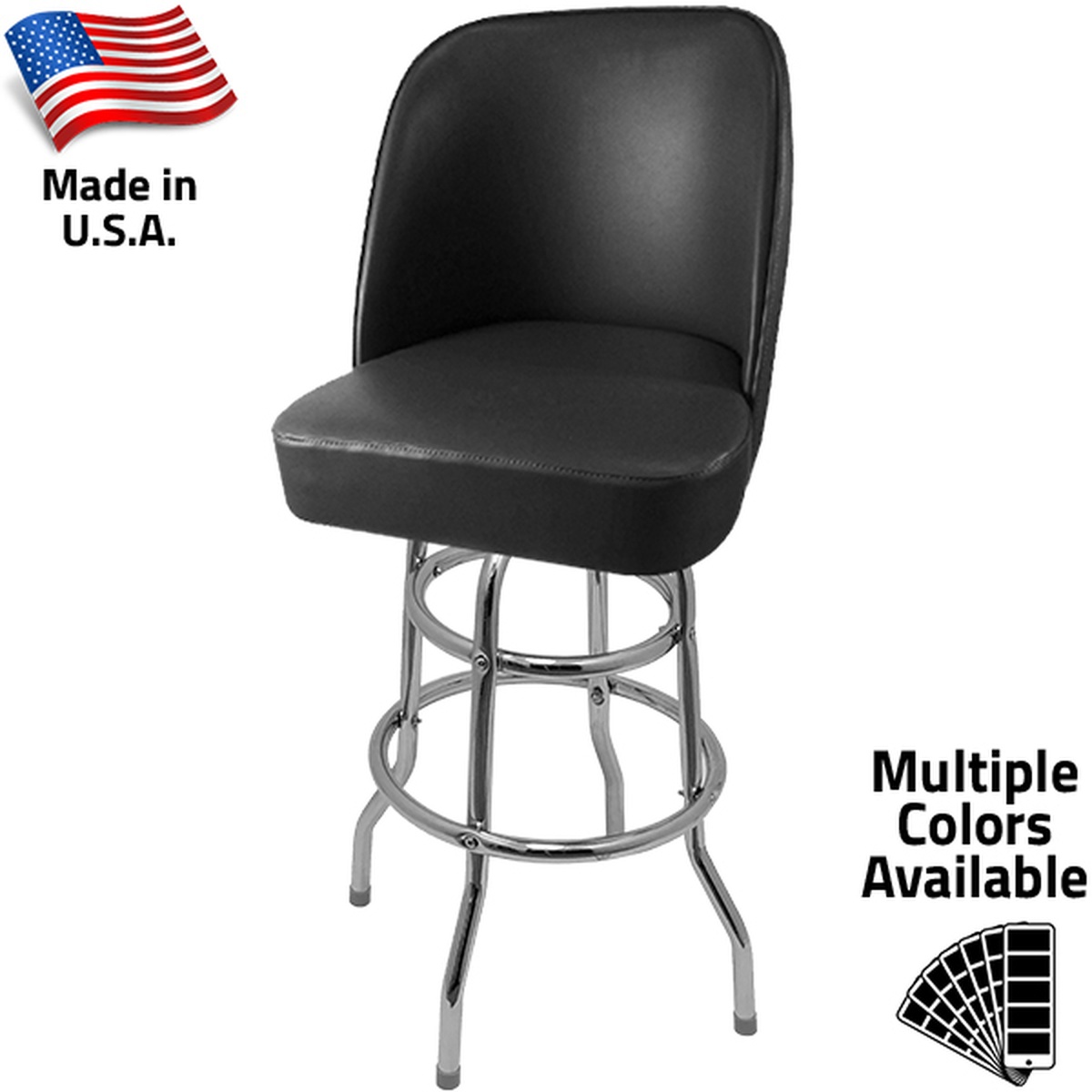 Oak Street SL3134-BLK swivel bar stool with black vinyl bucket seat and double-rung chrome frame