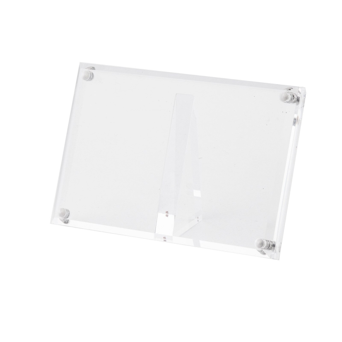 Tablecraft A362 clear acrylic card holder shown at an angle highlighting the thickness and corner magnets of the panels