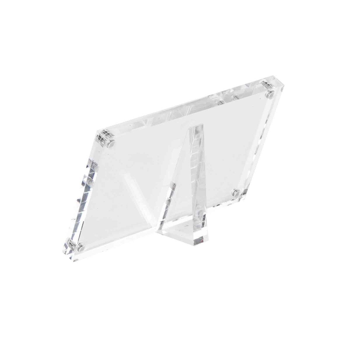 Tablecraft A362 rectangular acrylic magnetic card holder shown from rear angle revealing built-in easel stand