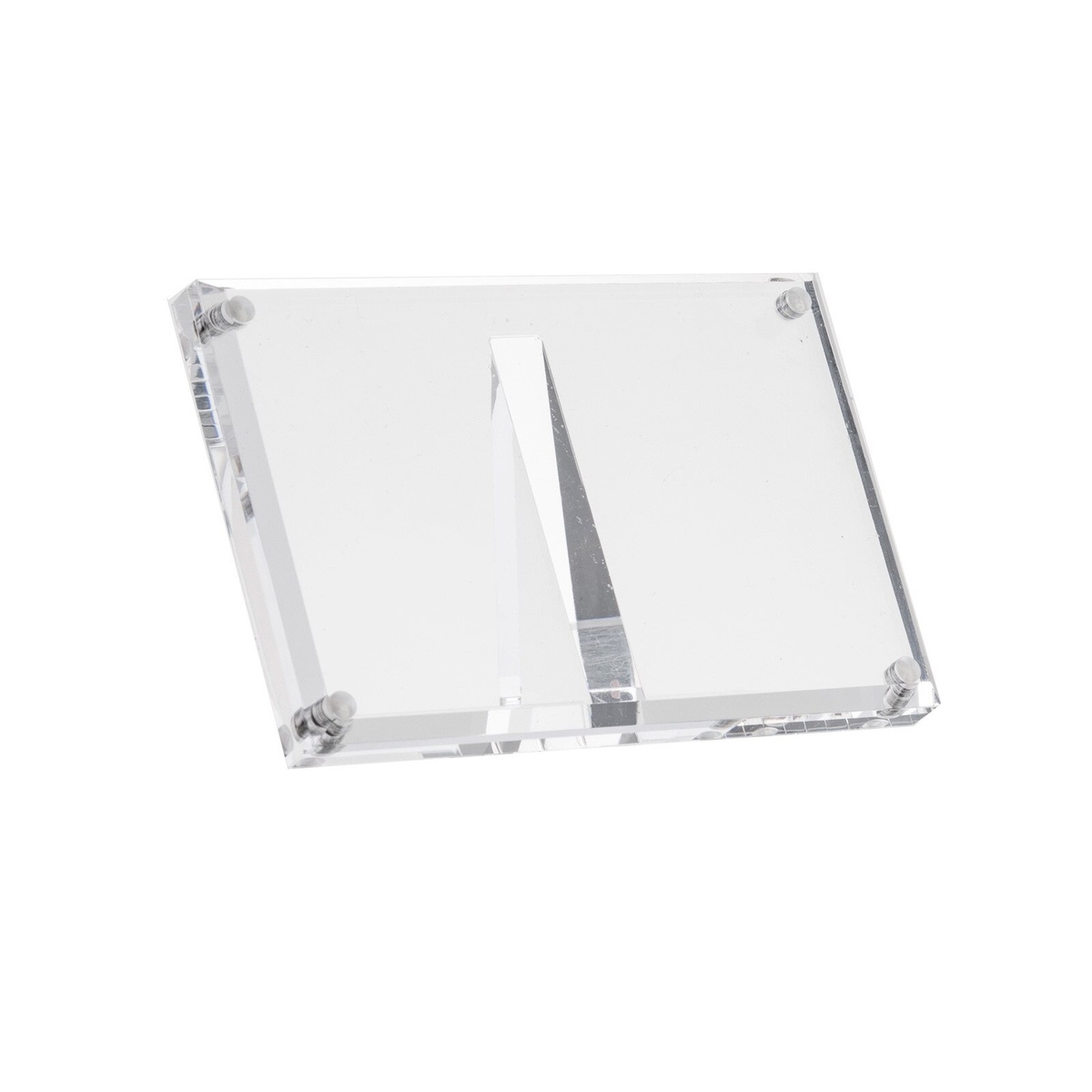 Tablecraft A362 clear acrylic magnetic card holder viewed from slight angle showing front face and magnetic corner fasteners