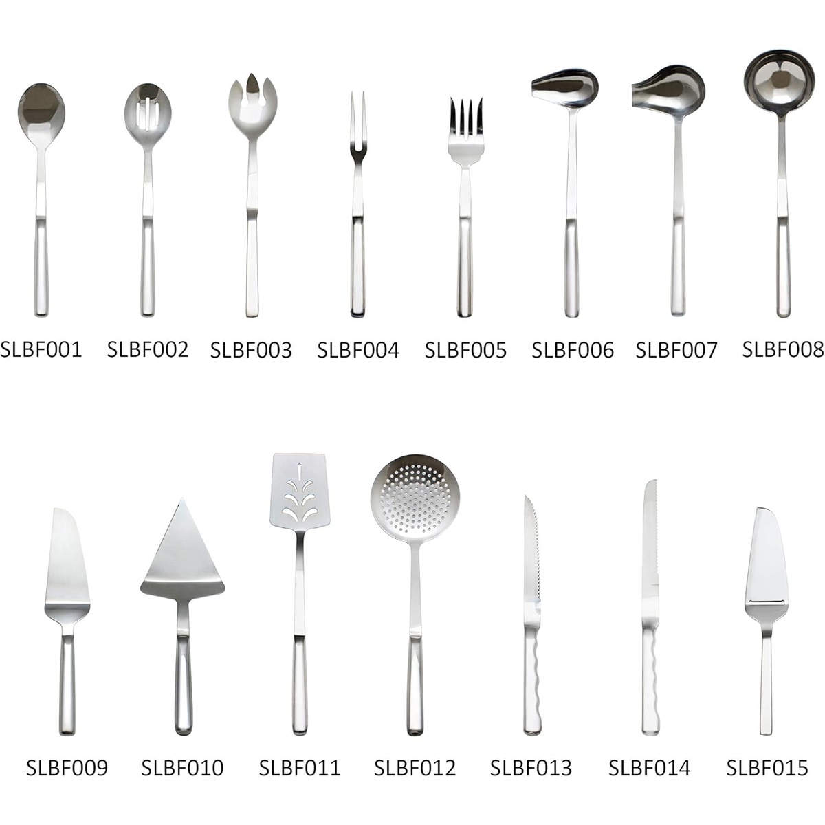 Thunder Group stainless steel buffet serving utensil lineup including SLBF010 pie and cake server