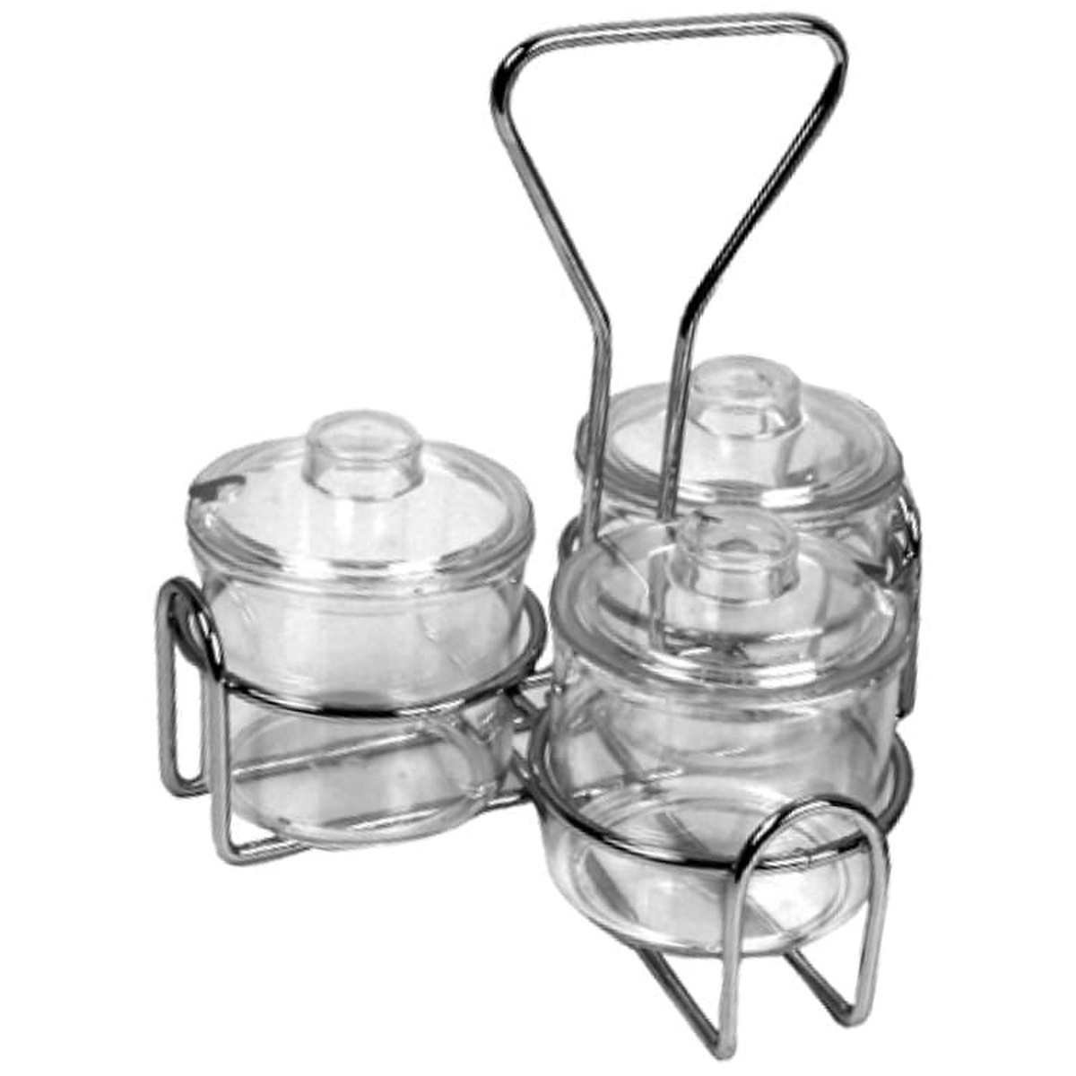 Thunder Group SLCJH003 stainless steel wire condiment jar holder with three clear glass jars with lids