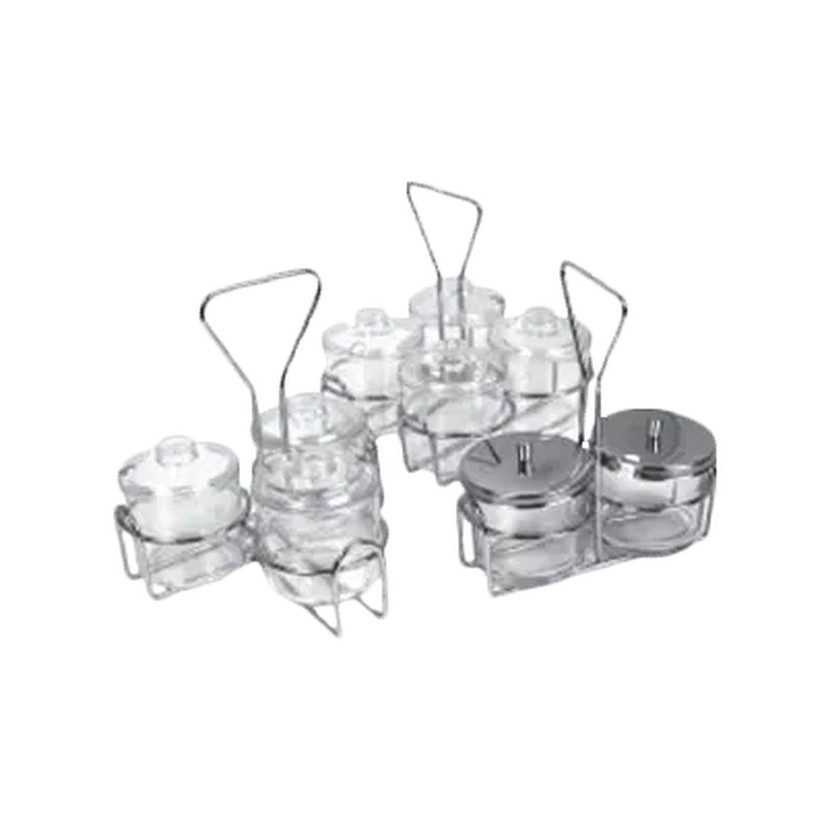 Multiple Thunder Group SLCJH004 stainless steel condiment racks loaded with glass condiment jars shown together