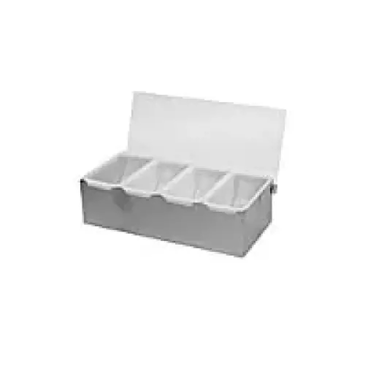 Thunder Group SLCN004 four-compartment bar condiment dispenser with acrylic hinged lid open, stainless steel base