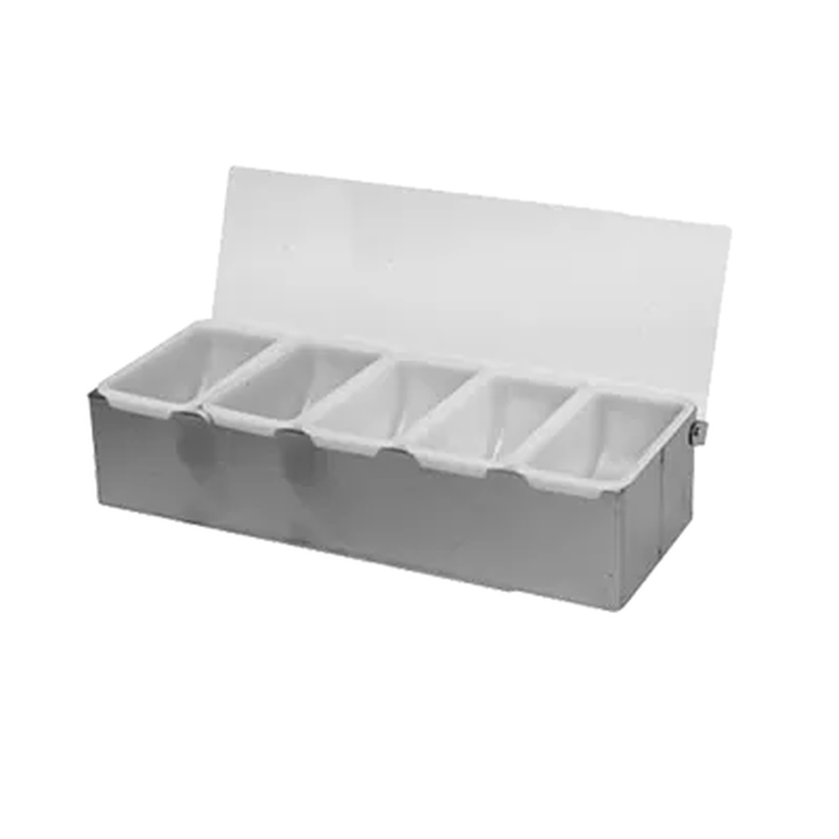 Thunder Group SLCN005 five-compartment bar condiment dispenser with acrylic hinged lid open showing white insert trays in stainless steel base