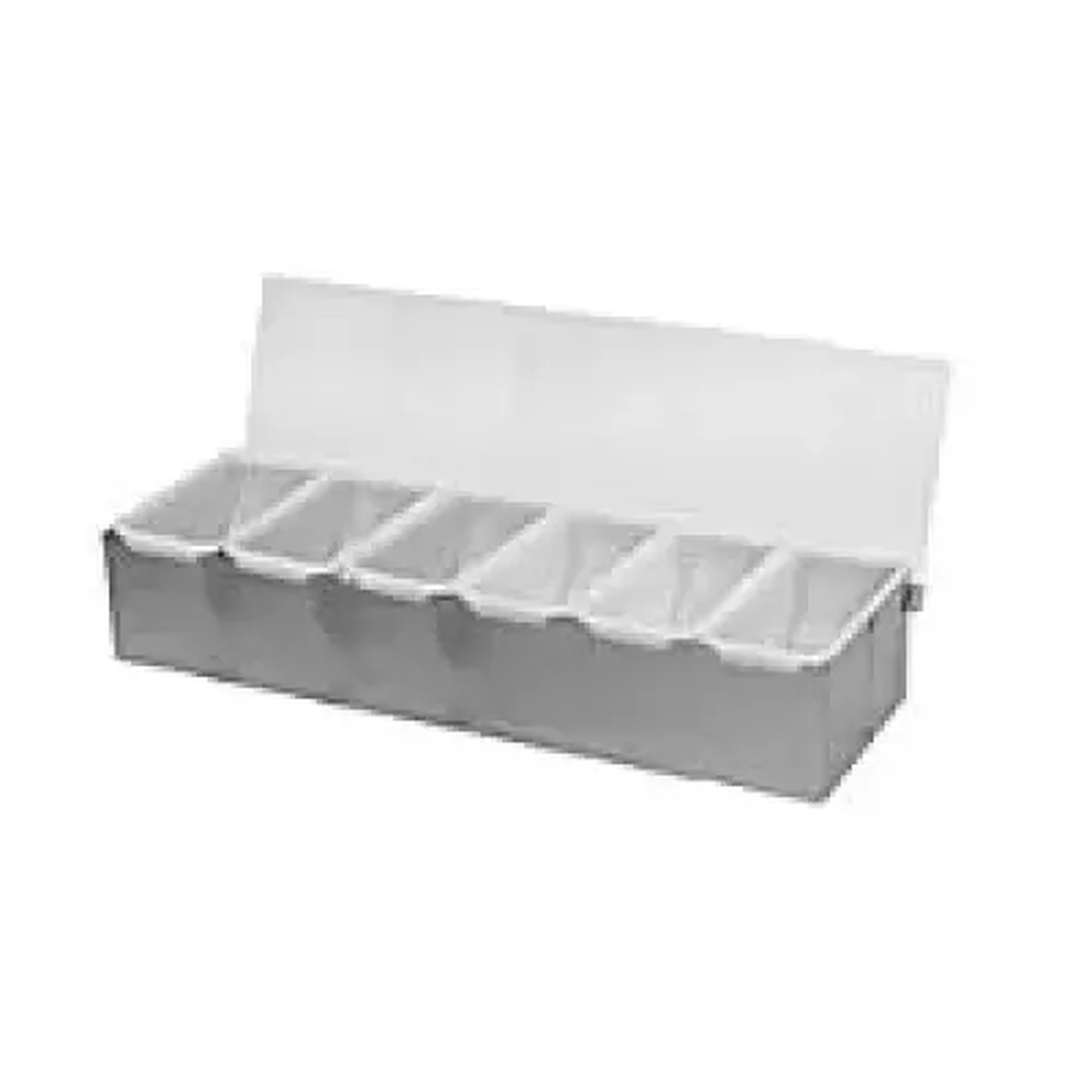 Thunder Group SLCN006 6-compartment bar condiment dispenser with acrylic hinged lid open, showing six white inserts in a stainless steel base