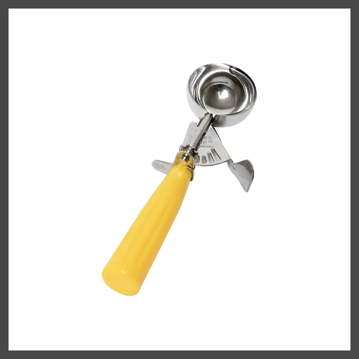 Thunder Group SLDS020 thumb press disher with yellow plastic handle and stainless steel round bowl