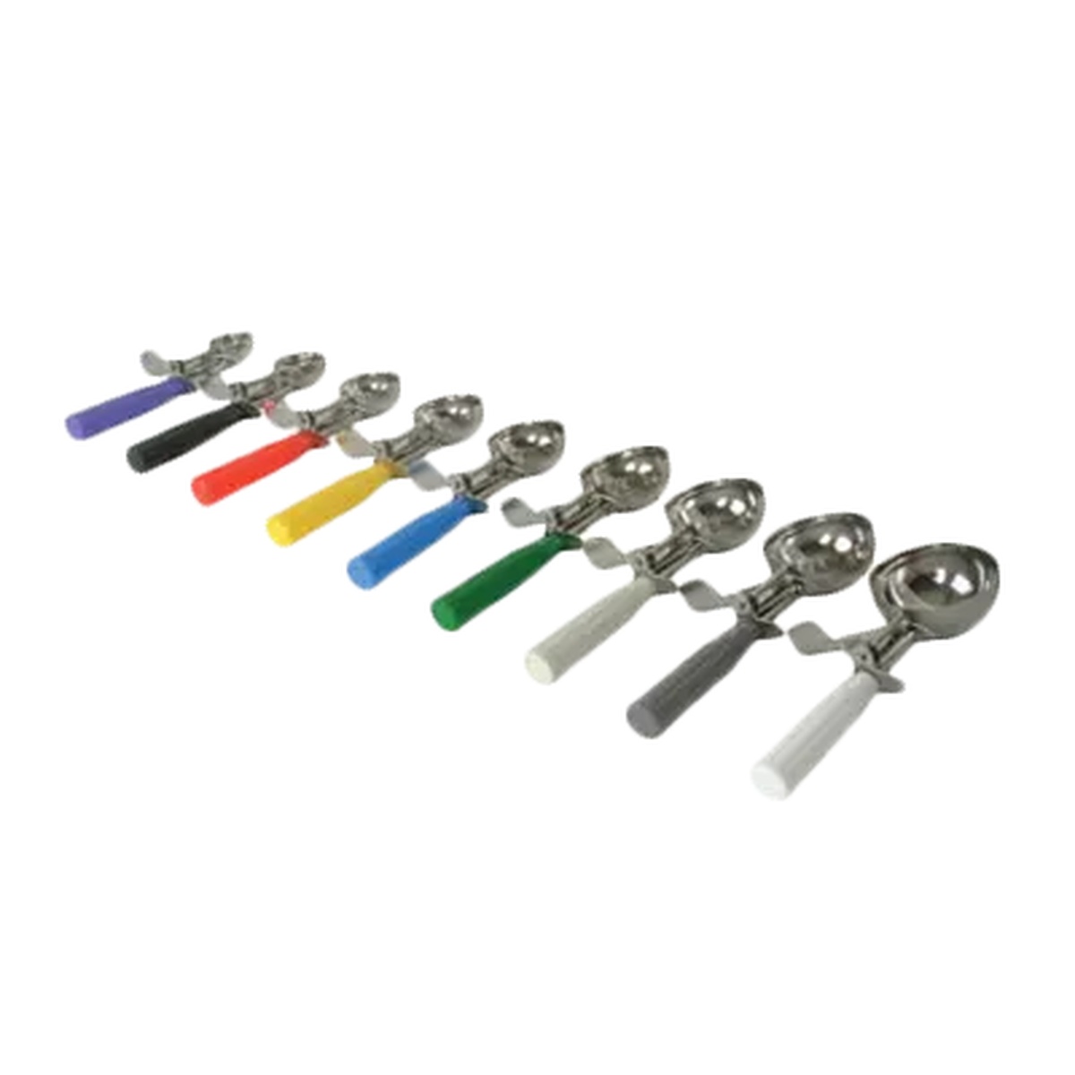 Array of Thunder Group dishers in multiple handle colors showing the full size range available
