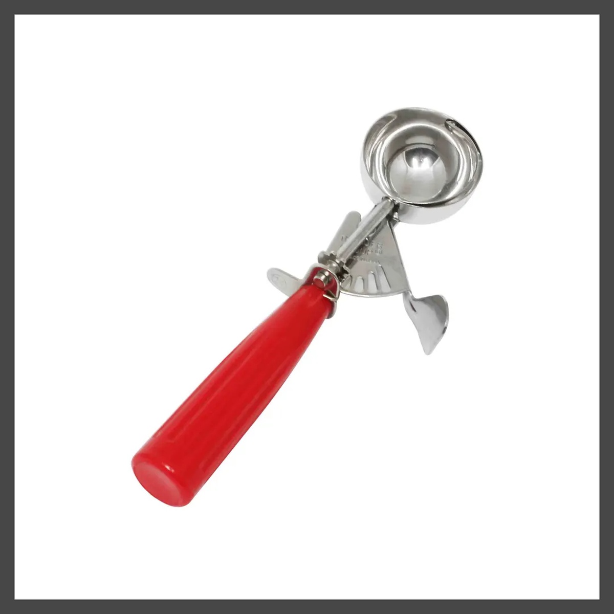 Thunder Group SLDS024 stainless steel disher with red plastic handle and thumb press mechanism