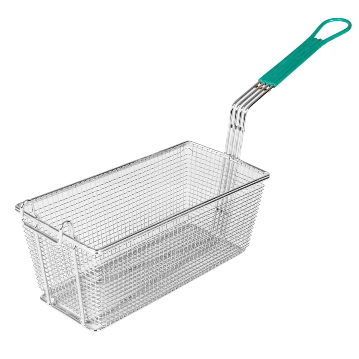 Thunder Group SLFB004 rectangular nickel-plated wire fryer basket with coated green handle