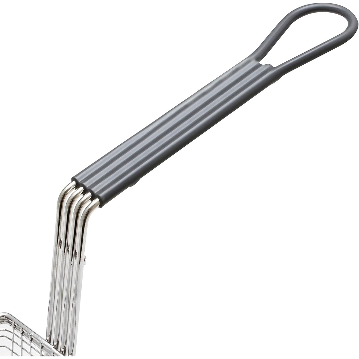 Close-up of the gray coated handle with hanging opening on the Thunder Group SLFB007 fryer basket