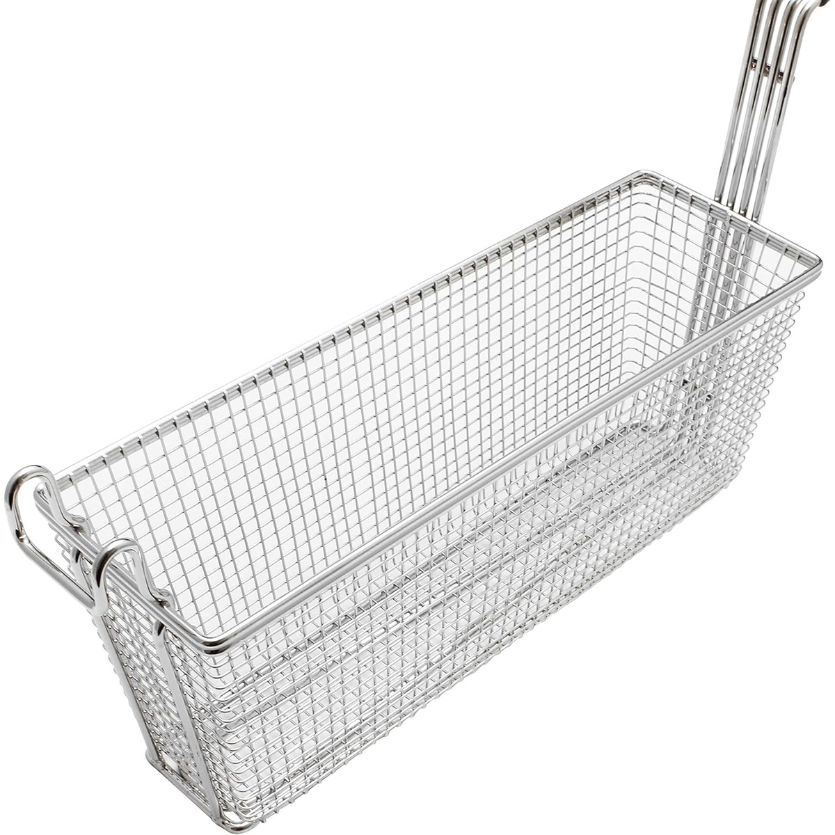 Close-up of Thunder Group SLFB007 nickel-plated wire mesh basket body with front hook