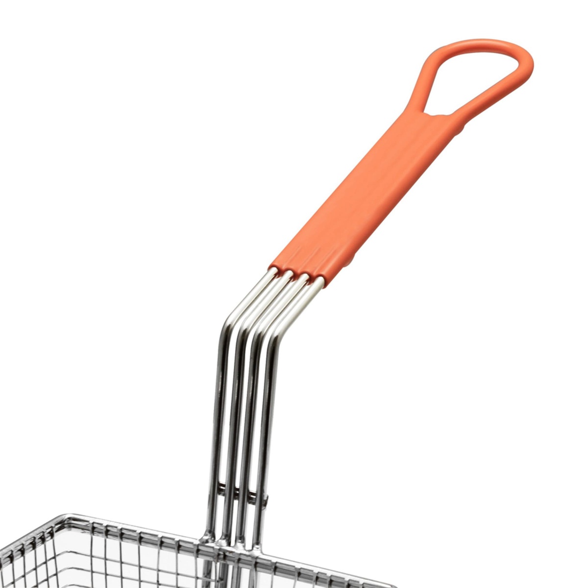Close-up of the orange-coated handle on the Thunder Group SLFB008 fryer basket