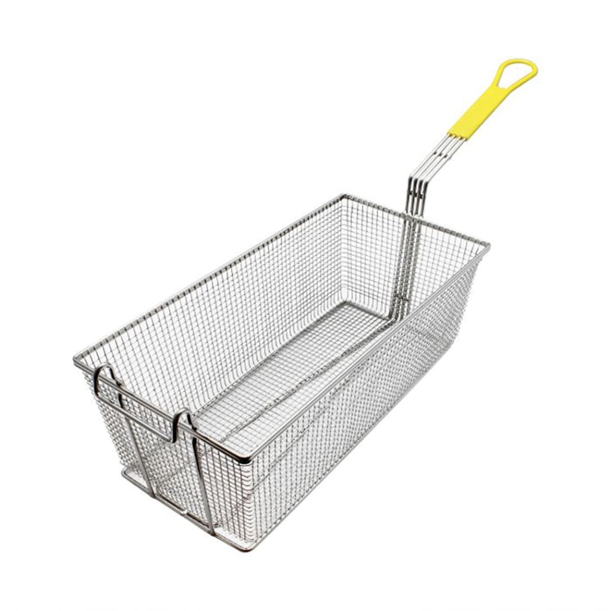 Thunder Group SLFB009 rectangular nickel-plated wire mesh fryer basket with yellow plastic handle and front hook