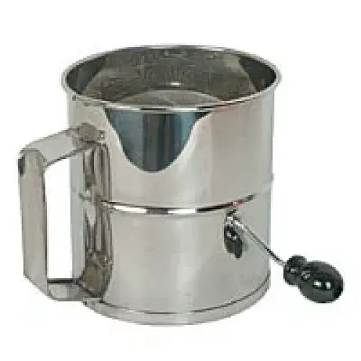 Thunder Group SLFS008 stainless steel 8-cup rotary flour sifter with mirror finish and black rotating handle knob