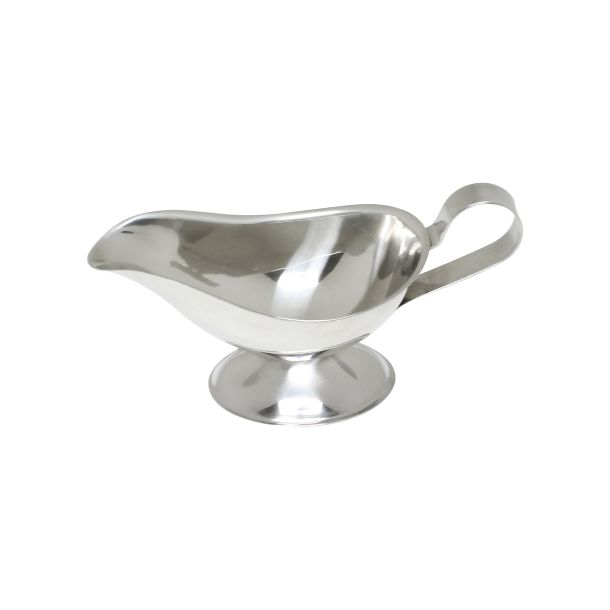 Thunder Group SLGB003 3 oz stainless steel gravy boat with mirror finish, contoured handle, tapered spout, and oval base