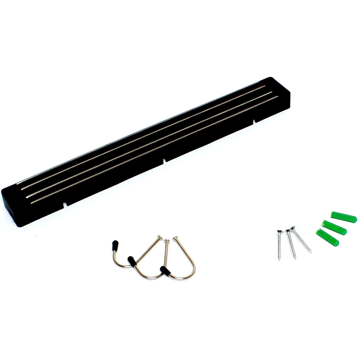 Thunder Group SLGB013 black magnetic bar shown with included metal hooks, screws, and green wall anchors for wall mounting